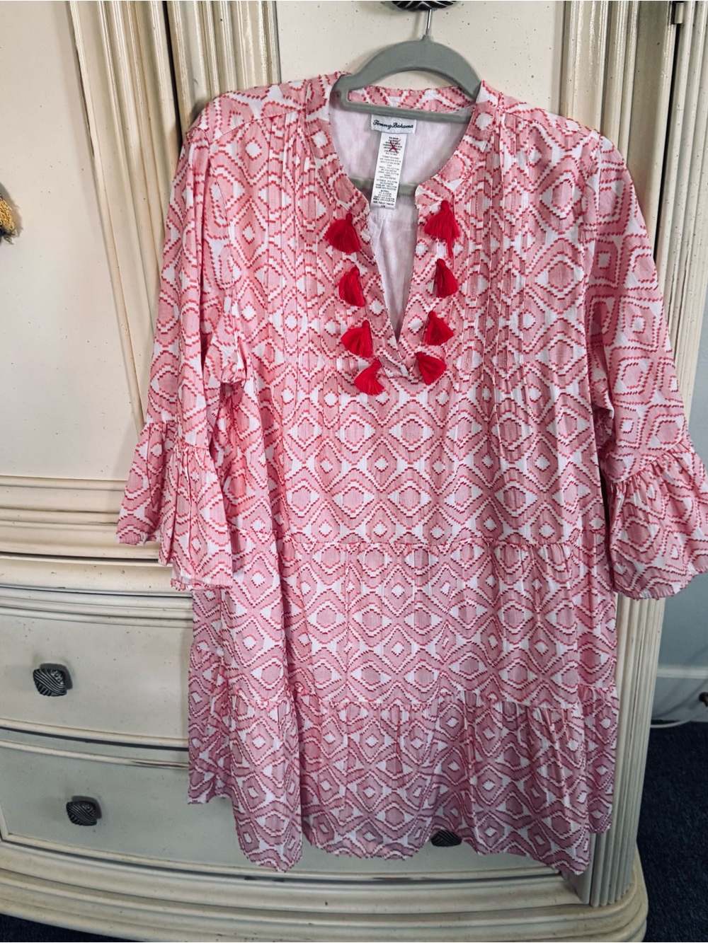 Tommy Bahama Red and White Printed Tassel Tunic Dress fully lined - Picture 5 of 10